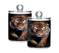 Waassud Qtip Holder Dispenser Tiger Bathroom Storage Canister with Lid Clear Plastic Apothecary Cotton Swab Ball Round Pads Floss Jar Set 2 Pack