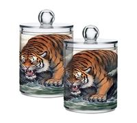 Waassud Qtip Holder Dispenser Tiger Descends Bathroom Storage Canister with Lid Clear Plastic Apothecary Cotton Swab Ball Round Pads Floss Jar Set 4 Pack