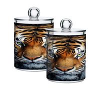 Waassud Qtip Holder Dispenser Tiger Head Bathroom Storage Canister with Lid Clear Plastic Apothecary Cotton Swab Ball Round Pads Floss Jar Set 2 Pack