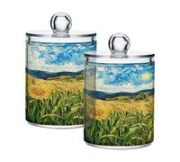Waassud Qtip Holder Dispenser Van Gogh's Fields Bathroom Storage Canister with Lid Clear Plastic Apothecary Cotton Swab Ball Round Pads Floss Jar Set 2 Pack