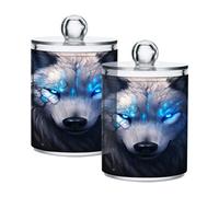 Waassud Qtip Holder Dispenser Wolf Bathroom Storage Canister with Lid Clear Plastic Apothecary Cotton Swab Ball Round Pads Floss Jar Set 2 Pack