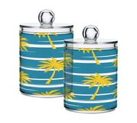 Waassud Qtip Holder Dispenser Yellow Palm Tree Bathroom Storage Canister with Lid Clear Plastic Apothecary Cotton Swab Ball Round Pads Floss Jar Set 2 Pack