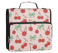 Waassud Red Cherry Green Bows Zipper Binder 3 Ring with Shoulder Strap and Handle 1.5 Inch D-Ring 500 Sheets Expanding File Folder Organizer