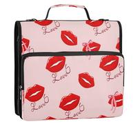 Waassud Red Lips with Love Zipper Binder 3 Ring with Shoulder Strap and Handle 1.5 Inch D-Ring 500 Sheets Expanding File Folder Organizer