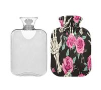 Waassud Roses and Skeletal Hands Hot Water Bottle with Soft Cover Hot Water Bag for Pain Relief 2L Water Heating Pad for Neck Shoulder Small