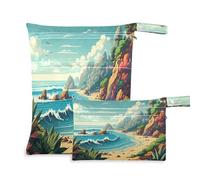 Waassud Sunny Coastal Landscape Wet Dry Bag Reusable Wet Bags Organizer Diaper Bag Organizing Pouches with 2 Zippered Pockets for Swimsuit Gym Clothes
