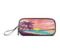 Waassud Sunset Beach Pencil Case Large Capacity Pen Holder 3 Compartment Stationery Pen Bag Nylon Zipper Pouch for Office Artist