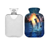 Waassud Three Dolphins Hot Water Bottle with Soft Cover Hot Water Bag for Pain Relief 2L Water Heating Pad for Neck Shoulder Medium