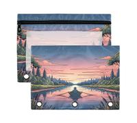 Waassud Tranquil Sunset River Scene Pencil Pouch for 3 Ring Binder 2-Pack Clear Pen Case with Reinforced Holes Smooth Zipper Waterproof School Office Supplies Organizer