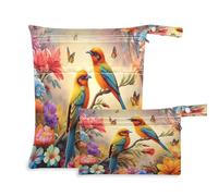 Waassud Two Birds Colorful Flowers Wet Dry Bag Reusable Wet Bags Organizer Diaper Bag Organizing Pouches with 2 Zippered Pockets for Swimsuit Gym Clothes