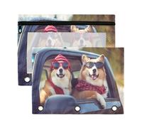Waassud Two Cool Corgi Dogs Pencil Pouch for 3 Ring Binder 2-Pack Clear Pen Case with Reinforced Holes Smooth Zipper Waterproof School Office Supplies Organizer