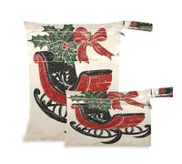Waassud Vintage Christmas Sleigh Wet Dry Bag Reusable Wet Bags Organizer Diaper Bag Organizing Pouches with 2 Zippered Pockets for Swimsuit Gym Clothes
