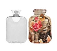 Waassud Vintage Gramophone and Roses Hot Water Bottle with Soft Cover Hot Water Bag for Pain Relief 2L Water Heating Pad for Neck Shoulder Small