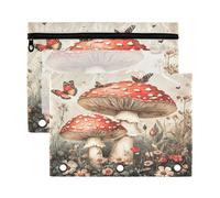 Waassud Vintage Mushrooms Pencil Pouch for 3 Ring Binder 2-Pack Clear Pen Case with Reinforced Holes Smooth Zipper Waterproof School Office Supplies Organizer