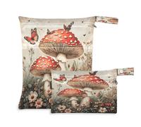 Waassud Vintage Mushrooms Wet Dry Bag Reusable Wet Bags Organizer Diaper Bag Organizing Pouches with 2 Zippered Pockets for Swimsuit Gym Clothes