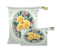 Waassud Vintage Yellow Roses Wet Dry Bag Reusable Wet Bags Organizer Diaper Bag Organizing Pouches with 2 Zippered Pockets for Swimsuit Gym Clothes