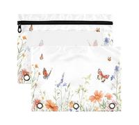Waassud Watercolor Hand Drawn Wild Flowers Pencil Pouch for 3 Ring Binder 2-Pack Smooth Zipper Pencil Cases Transparent School Supplies