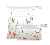 Waassud Watercolor Hand Drawn Wild Flowers Wet Dry Bag Reusable Wet Bags Organizer Diaper Bag Organizing Pouches with 2 Zippered Pockets for Swimsuit Gym Clothes