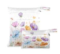 Waassud Watercolor Wildflowers Wet Dry Bag Reusable Wet Bags Organizer Diaper Bag Organizing Pouches with 2 Zippered Pockets for Swimsuit Gym Clothes