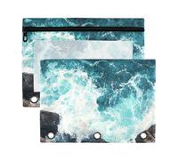 Waassud Waves Pencil Pouch for 3 Ring Binder 2-Pack Clear Pen Case with Reinforced Holes Smooth Zipper Waterproof School Office Supplies Organizer