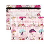 Waassud Whimsical Mushrooms Pencil Pouch for 3 Ring Binder 2-Pack Clear Pen Case with Reinforced Holes Smooth Zipper Waterproof School Office Supplies Organizer