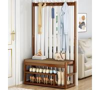 WaaYb Coat Rack Stand with Removable 9 Hooks Free Standing Hall Tree, Shoe Shelves with Shoe Storage Bench for Hallway Office and Living Room, Bamboo
