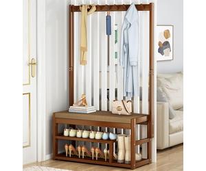 WaaYb Coat Rack Stand with Removable 9 Hooks Free Standing Hall Tree, Shoe Shelves with Shoe Storage Bench for Hallway Office and Living Room, Bamboo