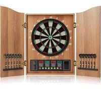 WaaYb Electric Dartboard Set with Cabinet, Automatic Scoring Dart Board with Wooden Doors with 2 Sets of Darts (12 Darts, 88 Soft Tips), Electronic Dart Board 4 LED Digita Display Natural