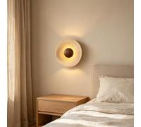 Wabi-Sabi Japanese Round Travertine Wood Wall Sconce Bedside Wall Lamp | Natural Yellow Travertine Wall Light Bedroom Kitchen Living Room Cottage Dining Hallway Lobby, Hard-wired Wall Fixture