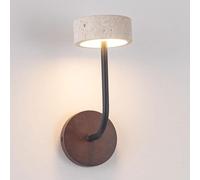 Wabi Sabi Style Retro Wall Light, LED Solid Wood Base, 3-color Dimming - Hardwired Natural Travertine Stone Shade, Iron Arm, Downward Ambient Lighting Fixture, For Living Room Hallway Office.