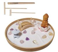 WABIGEMS Desktop Zen Garden Kit with Buddha Statue, Ceramic Lotus, Bamboo Bridge, Stone Lantern, 15 Crystal Stones, White Sand, and Three Sand Tools (27CM Round Tray)
