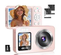 WABL Pink Digital Camera, 4K 64MP UHD Dual Screens Camera, 18X Zoom, Portable Small Point and Shoot Digital Cameras with 64GB TF Card, 2 Rechargeable Batteries for Kids, Teens, Adult, Gifts - Pink