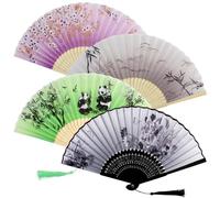 WACH AUF 4 Folding Fans Handheld with Tassel Chinese Fan Silk Fabric Hand Fans Wood Handmade Hollow Carved Handheld Fan Silk Fabric Fans Chinese Vintage Style Folding Fan for Wedding Home Decoration