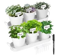 Wacloud Herb Garden Planter Indoor Kit - 6 Metal Pots with 2 Trays for Windowsill & Kitchen Counter - Modern Decorative Indoor Planters for Herbs, Succulents & Small Plants, White