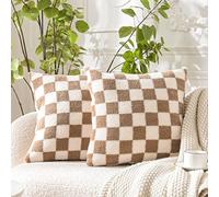 WACOMECO Decorative Throw Pillow Covers - Soft Sherpa Checkerboard Cushion Covers Faux Fur Pillow Cases for Sofa Bedroom Livingroom Car, 18 x 18 in, Khaki and Off White