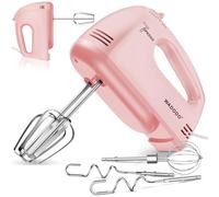 WADODO Electric Hand Mixer, 7-Speeds Small Handheld Mixer with 5 * 304 Stainless Steel Whisk, Beaters, Dough Hooks Attachment, Portable Food KitchenMixer for Baking Cake Cookies Cream, Pink