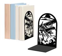 WADORN 1 Pair Airplane Metal Decorative Bookend for Shelves, Heavy Duty Book Ends Modern Non-Skid Books Holder Stand Black Book Support Stoppers for Desk Bookshelf Office Pilot Gift, 5.3x4.3x7.8 Inch