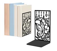 WADORN 1 Pair Moon Butterfly Rose Metal Decorative Bookend for Shelves, Heavy Duty Book Ends Modern Non-Skid Books Holder Stand Black Book Support Stoppers for Desk Bookshelf Office, 5.3x4.3x7.9 Inch