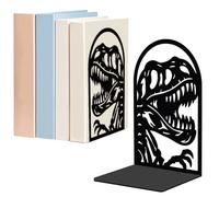 WADORN 1 Pair Tyrannosaurus Rex Skull Metal Decorative Bookend for Shelves, Heavy Duty Book Ends Modern Non-Skid Books Holder Stand Black Book Support Stoppers for Desk Office Home, 5.3x4.3x7.8 Inch