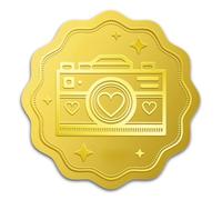 WADORN 100Pcs 2" Embossed Camera Heart Gold Foil Seal Sticker, Gold Foil Invitations Celebration Seals Decal Self Adhesive Certificate Seal Stickers Round Labels for Envelopes Invitation Card Sealing