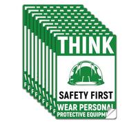 WADORN 10Pcs Think Safety First Wear Personal Protective Equipment Sign Sticker, PVC Waterproof Self Adhesive Think Safety First Wear Warning Stickers Decal for Business, 5.1x7.1 Inch