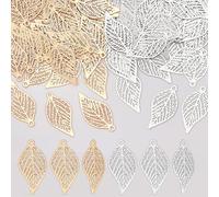 WADORN 120Pcs 2 Colors Hollow Leaf Oranaments Charms, Metal Filigree Leaf Crafts Pendant Tree Leaf Brass Charm Filigree Leaves Connector Pendants for DIY Necklace Earring Jewelry Making Accessories