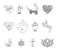 WADORN 120Pcs Mother's Day Charms, 12 Styles Tibetan Style Alloy Letter Mom Pendants for Jewelry Making Antique Silver Heart Mother’s Day Charms for Bracelet Chain Necklace Earrings DIY Crafting