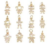 WADORN 12Pcs 12 Style 18K Gold Plated Cubic Zirconia Charms, Golden Crystal Human Dangle Pendants Brass Micro Pave CZ Stone Charms Bulk Hanging Pendant Ornament for Bracelets Earrings Necklace