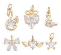 WADORN 12Pcs 6 Styles Zirconia Brass Charms, Heart/Swan/Bow/Pentagram Crystal Zirconia Necklace Pendant Bulk Rhinestone Dangle Charms Jewelry Findings for DIY Bracelet Earring Craft Supplies