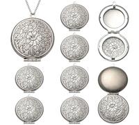 WADORN 12Pcs Stainless Steel Locket Charm Pendants Vintage Floral Carving Flat Round with Flower Locket Pendants Photo Frame Charms for DIY Necklace Jewelry Making Picture Keepsake Gift Idea