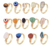WADORN 14Pcs Chakra Crystal Rings, 14 Styles Stainless Steel Golden Adjustable Gemstone Rings Crystal Irregular Gemstone Rings Set with Bulk Crystals Stacking Twining Winding Jewelry for Women