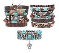 WADORN 15 Styles Western Turquoise Bracelets, Handmade Stackable Wood & Beaded Bracelet Western Cowboy Charm Bracelets Set for Women Men Daily Wear Country Rodeo Accessories Birthday Gift