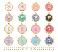 WADORN 16 Styles Enamel Charm, 18K Gold Plated Four Leaf Clover Charms and Flower Charms Stainless Steel Round Small Enamel Pendants with Jump Ring for DIY Necklace Bracelet Jewelry Making