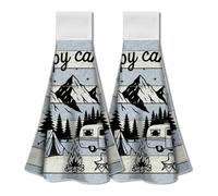 WADORN 2 Pack Camping Kitchen Hanging Towels with Loop, Happy Camper Microfiber Soft Absorbent Dish Hand Tea Towel Decorative Funny Sayings Bonfire Tent RV Novelty Gifts for Home Kitchen 12.4x13.5 In